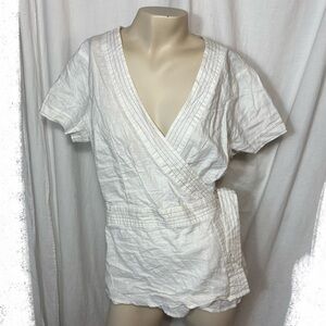 NWT ESPRIT women’s large linen cotton white wrap tie top blouse short sleeve